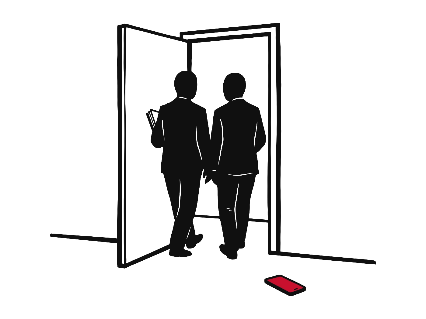Two people leave through a doorway together; a red phone lies forgotten on the floor behind them.